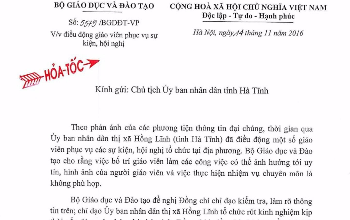 Bo GD&DT ra cong van hoa toc ve vu dieu giao vien tiep khach hinh anh