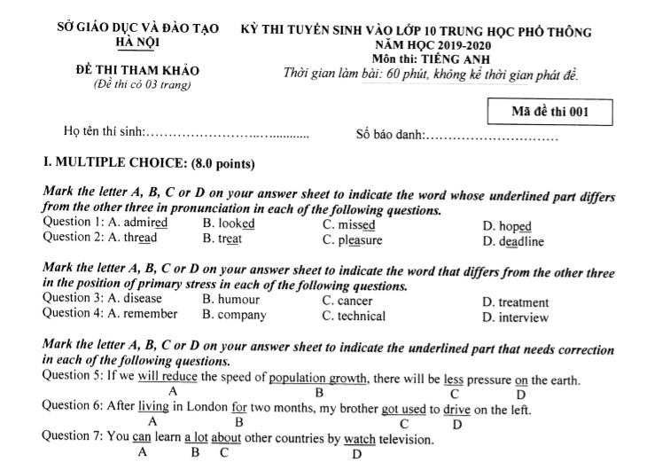 de thi minh hoa tuyen sinh lop 10 anh 1