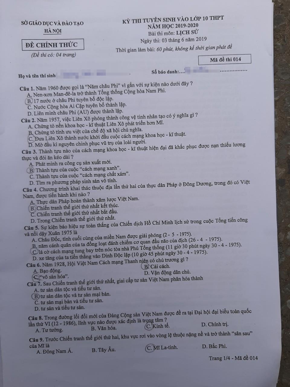đề thi Lịch sử vào lớp 10 ở Hà Nội ảnh 1 de thi Lich su vao lop 10 o Ha Noi anh 1
