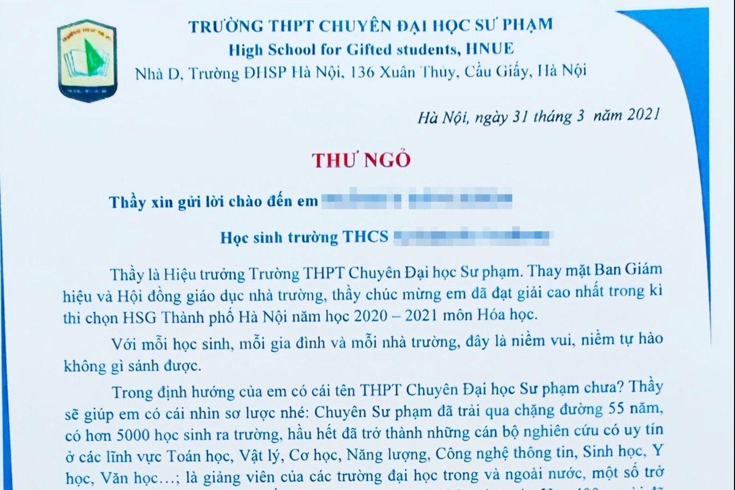 Thu cua hieu truong truong chuyen gui hoc sinh gioi hinh anh