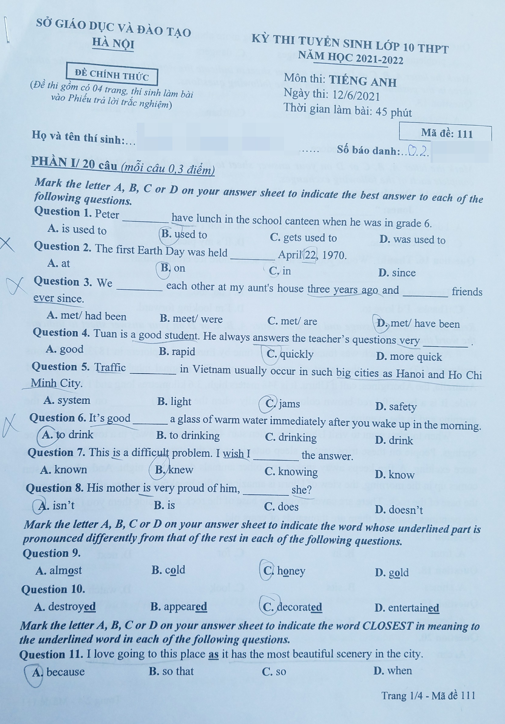 dap an mon Tieng Anh vao lop 10 anh 6