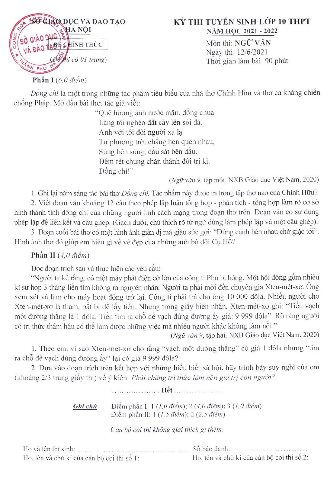 Dap an chinh thuc cac mon thi tuyen sinh lop 10 anh 1