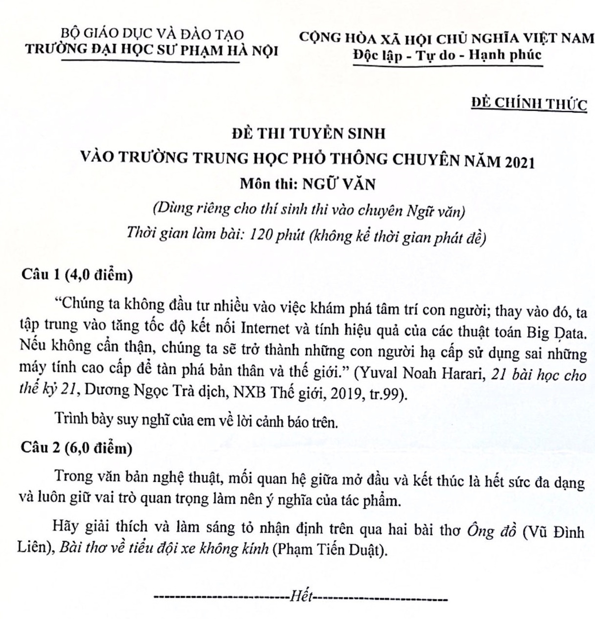 Đề thi Văn vòng 2 vào trường THPT chuyên ĐH Sư phạm ảnh 1 De thi Van vong 2 vao truong THPT chuyen DH Su pham anh 1