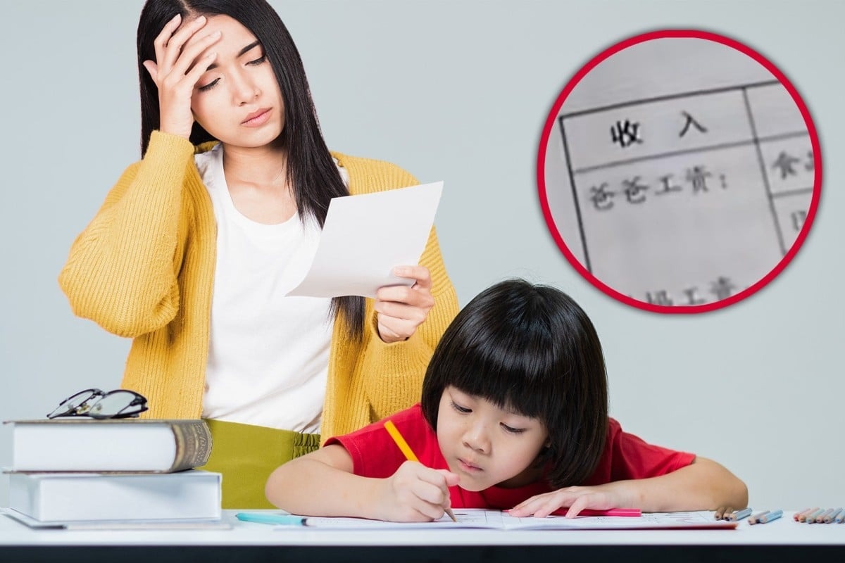 Nguoi me Trung Quoc phan nan vi bai tap cua con hoi ve thu nhap hinh anh