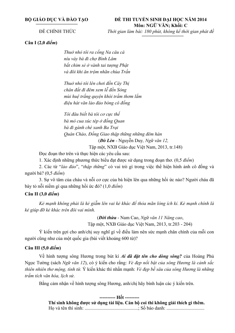 De thi va dap an dai hoc mon Ngu van khoi C 2014 hinh anh