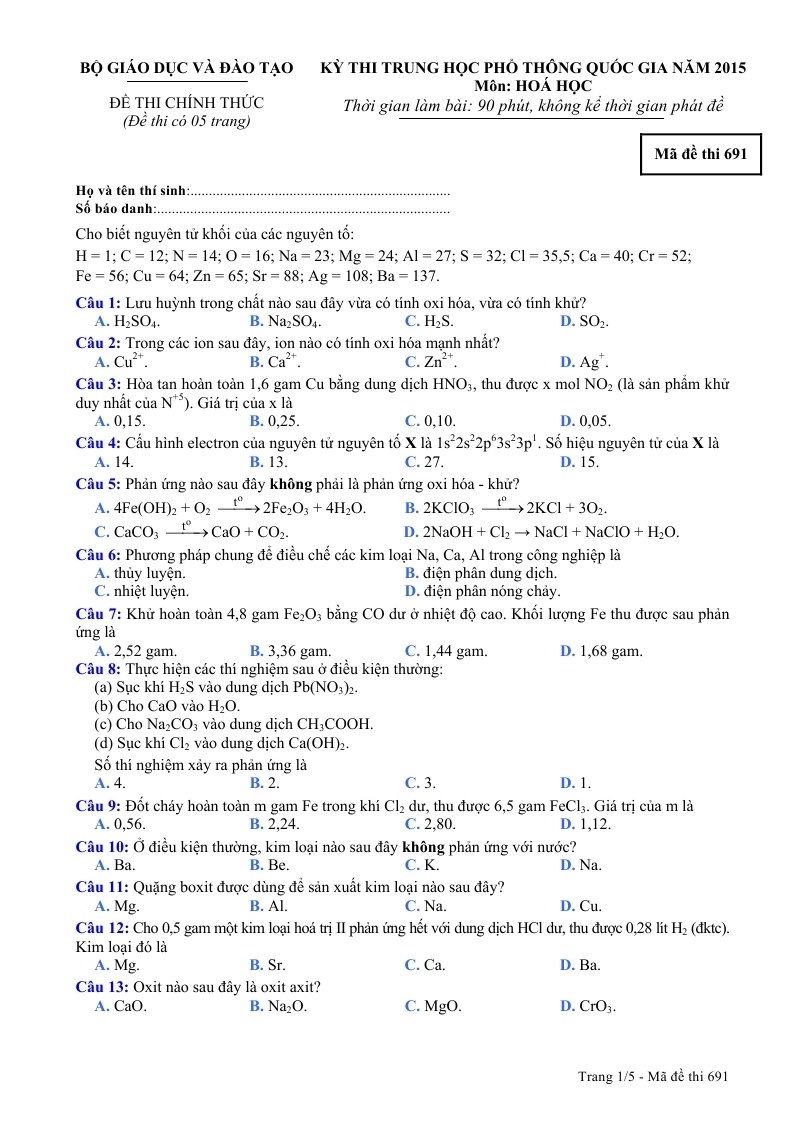 De thi va dap an dai hoc (THPT Quoc gia) mon Hoa 2015 hinh anh