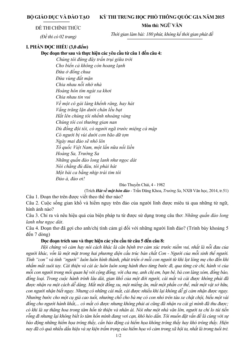 De thi va dap an dai hoc (THPT Quoc gia) mon Ngu van 2015 hinh anh