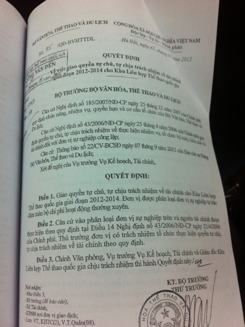 Quyết định để Khu liên hợp thể thao quốc gia Mỹ Đình tự chủ thu chi.