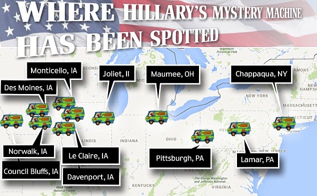 Hành trình vận động tranh cử của bà Clinton. Sau khi rời bang Iowa, bà sẽ đến các bang Pennsylvania và Ohio là nơi mà bà từng giành chiến thắng trước đối thủ Barack Obama trong cuộc bầu cử sơ bộ năm 2008. Ảnh: Daily Mail