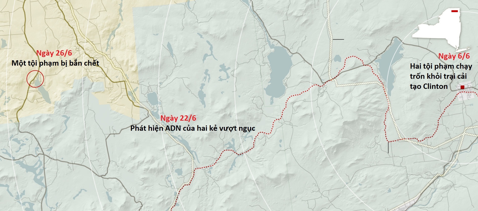 Bản đồ tái hiện hành trình vượt ngục của hai tội phạm David Sweat và Richard Matt. Ảnh: NYT