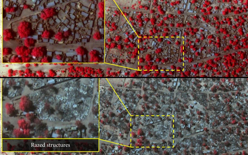 Ảnh chụp vệ tinh vùng đông bắc Nigeria trước (ảnh trên) và sau vụ thảm sát dân làng của phiến quân Boko Haram hồi tháng 1/2015. Vụ tấn công này được cho là đẫm máu nhất lịch sử của nhóm khủng bố khét tiến nhất Nigeria, khi số người thiệt mạng đến khoảng 2.000 người.