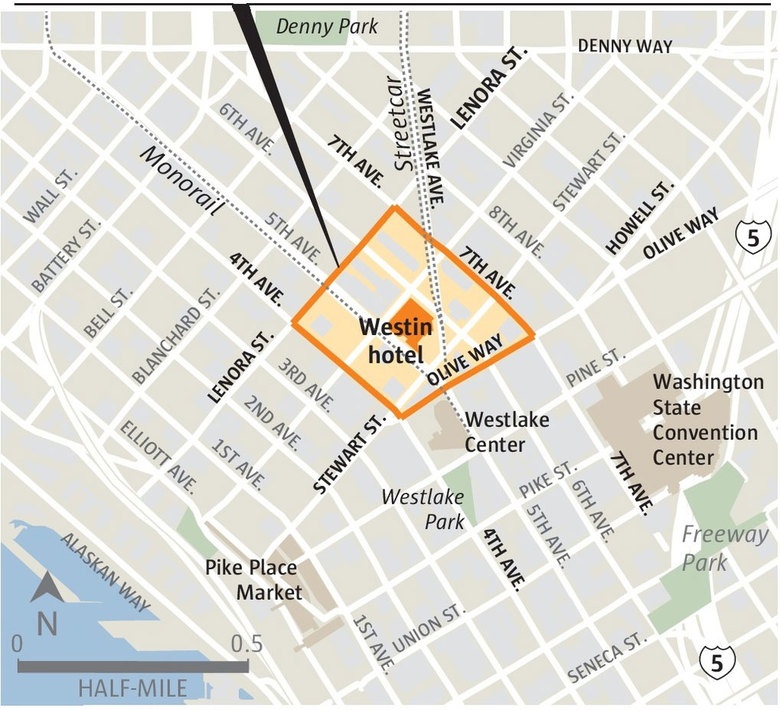 Kế hoạch phong tỏa an ninh xung quanh khách sạn mà Chủ tịch Tập Cận Bình nghỉ ở Seattle. Ảnh: Seattle Times