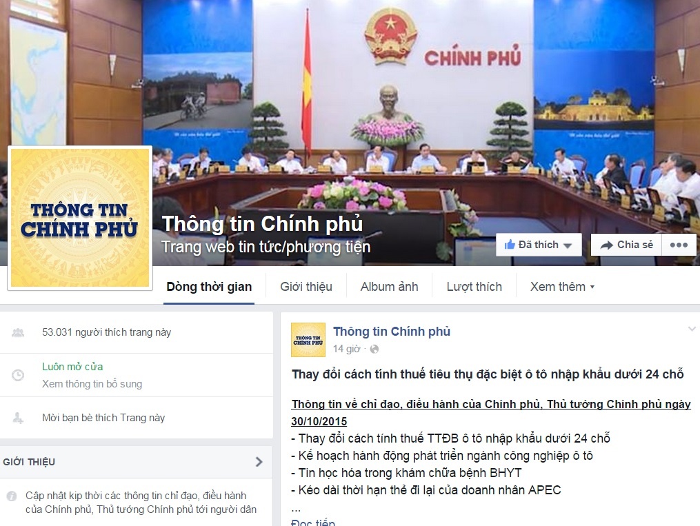 Một tuần sau khi Văn phòng Chính phủ thông báo chính thức về việc thành lập trang trên Facebook, trang đã có hơn 53.000 lượt 
