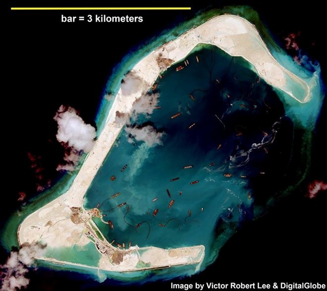 Ảnh vệ tinh chụp đá Xu Bi trên quần đảo Trường Sa của Việt Nam ngày 5/6. Ảnh: Digital Globe