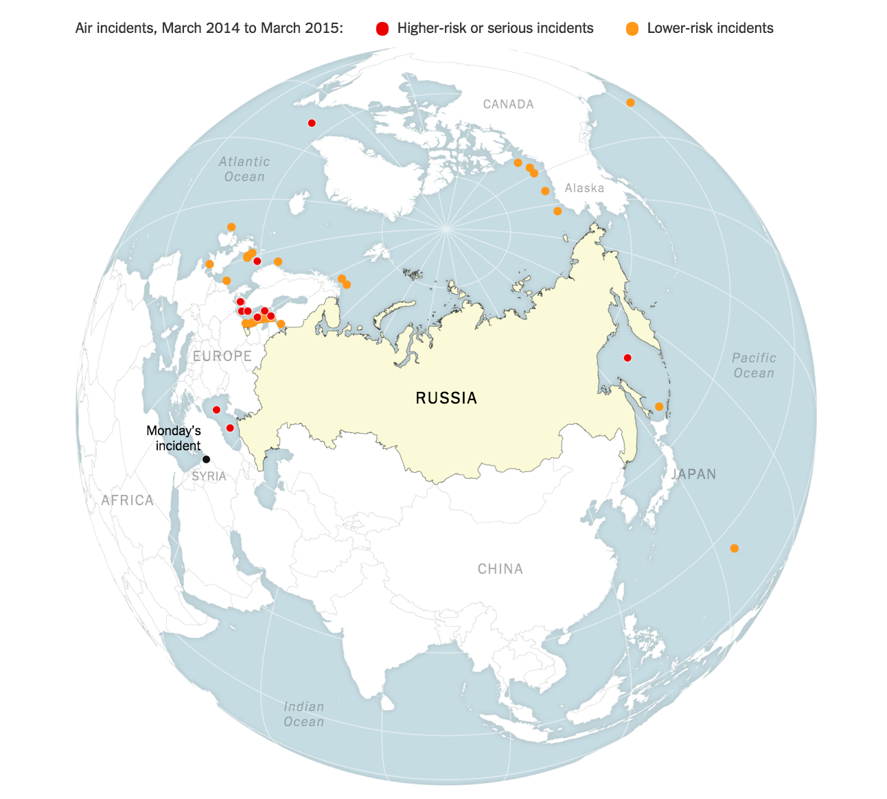 Bản đồ ghi nhận những lần chạm trán trên không giữa máy bay Nga và các nước châu Âu từ tháng 3/2014 đến tháng 3/2015. Chấm đỏ biểu thị cho những lần có nguy cơ đụng độ cao, chấm cam là lần có nguy cơ thấp. Ảnh: NYT