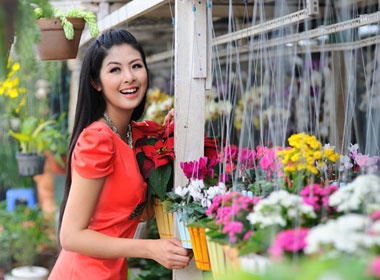 Hoa hau Ngoc Han tuoi tan ben pho hoa xuan hinh anh