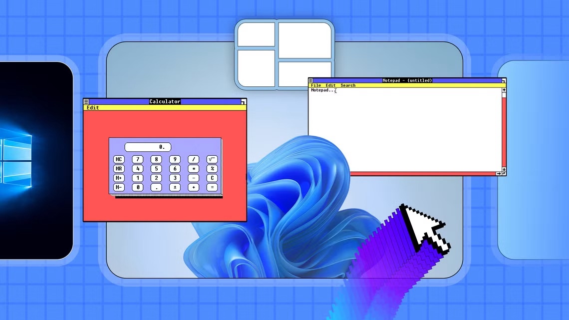 windows_1_0_calculator_and_notepad_windows_overlaid_on_a_windows_11_background_with_a_large_pixelated_mouse_cursor_and_a_colorful_motion_trail.jpeg