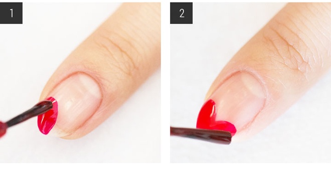 Để vẽ nail hình nửa trái tim, bạn cần chuẩn bị 1 lọ sơn móng màu đỏ, 1 lọ sơn bóng. Đầu tiên dùng sơn bóng phủ tất cả các ngón. Đợi sơn bóng khô, sau đó lấy cọ tạo hình nửa trái tim ở góc ngoài cùng của móng. Phết thêm 1 lớp sơn đỏ ở phần còn lại.