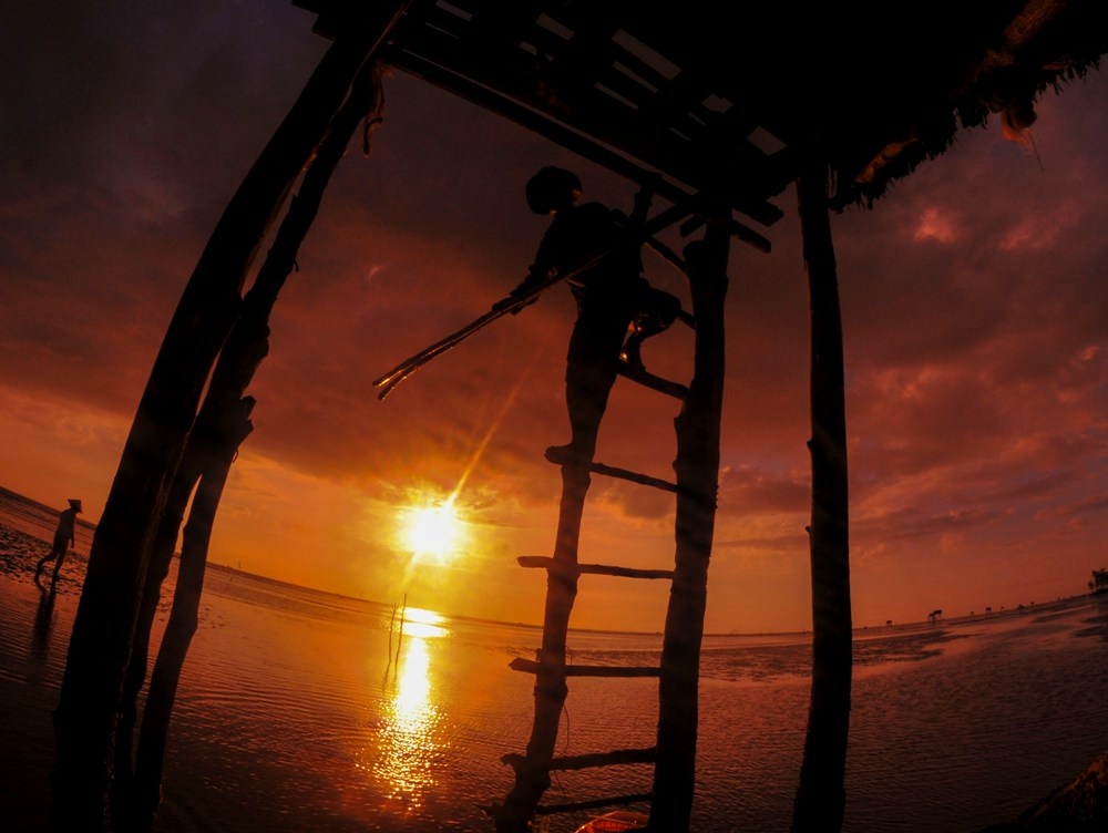 “Quả lòng đỏ trứng gà” tỏa ánh nắng chói chang báo hiệu một ngày mới bắt đầu. Ảnh được thành viên CLB Nhiếp ảnh và Du lịch chụp ở một gác nghêu ở biển Tân Thành – Gò Công, nơi được mệnh danh là ruộng nghêu lớn nhất khu vực miền nam.