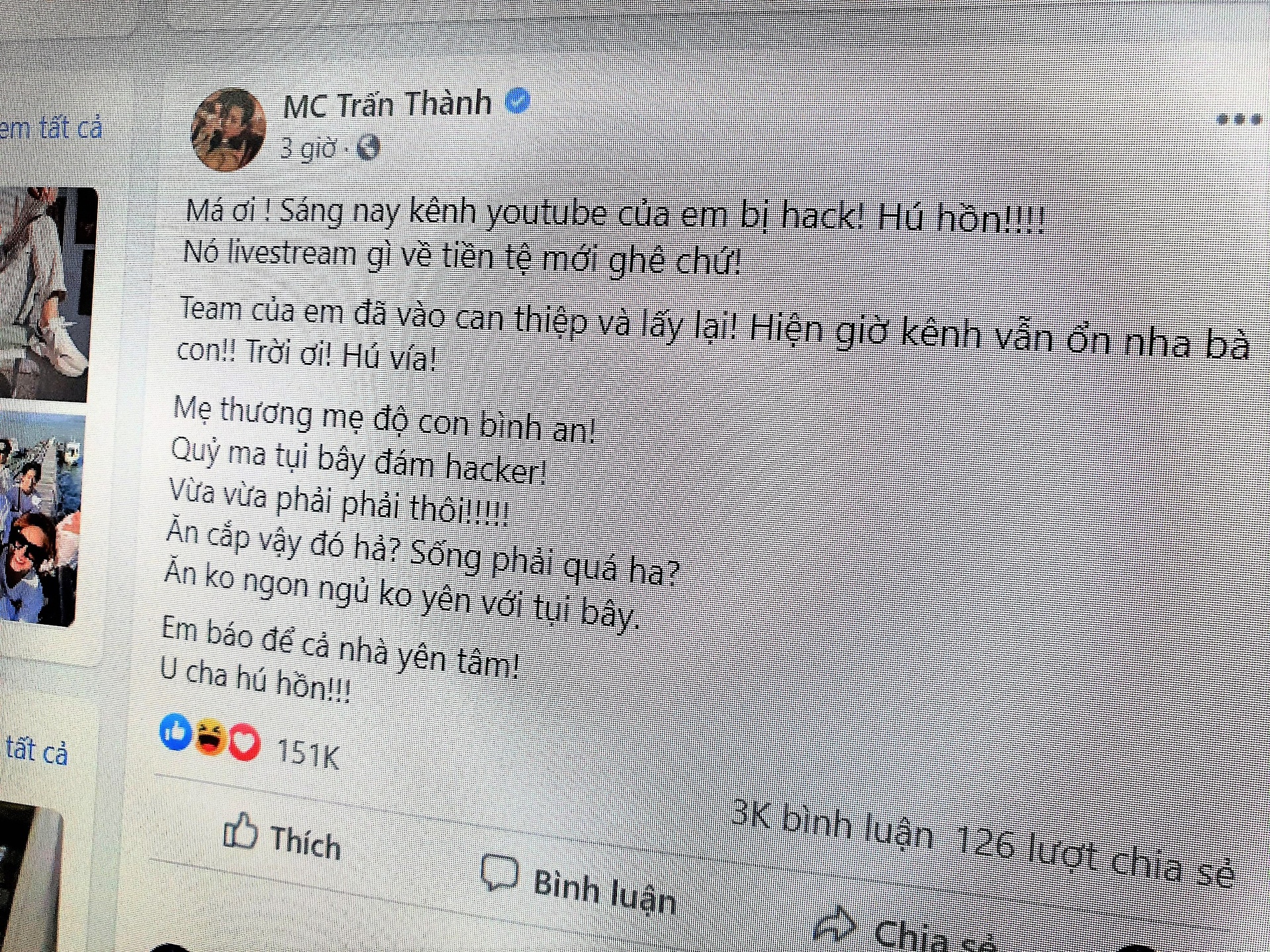 Kenh YouTube cua Tran Thanh bi hack anh 1