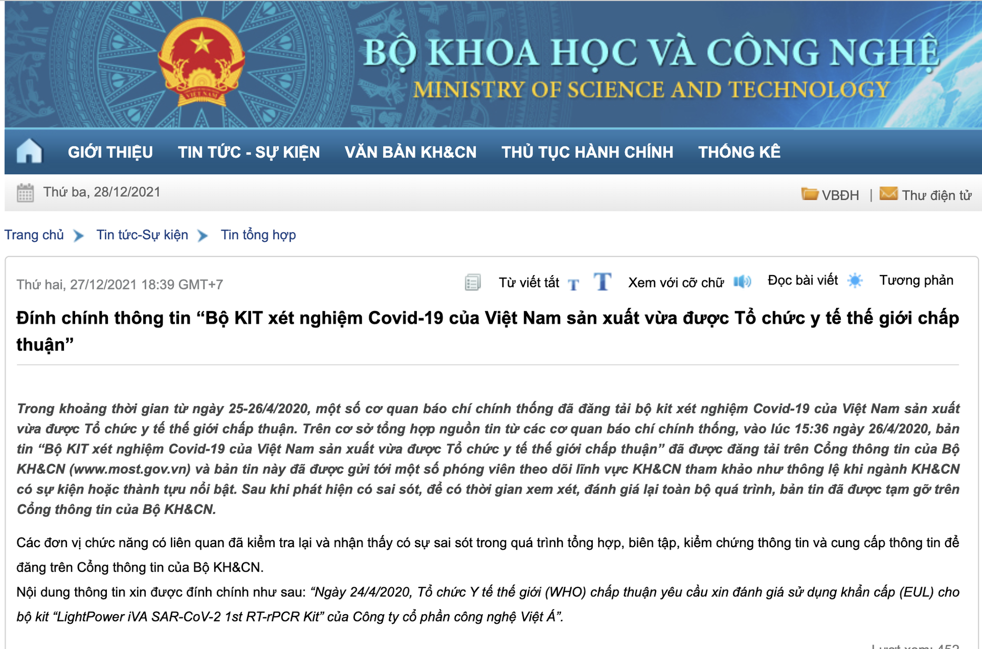 Bo KH&CN dinh chinh thong tin kit xet nghiem cua Viet A anh 1