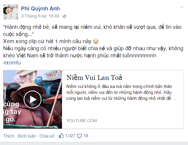 Quỳnh Anh Shyn mong nhiều người chia sẻ, giúp đỡ nhau trong cuộc sống và lan tỏa hạnh phúc trên khắp Việt Nam.