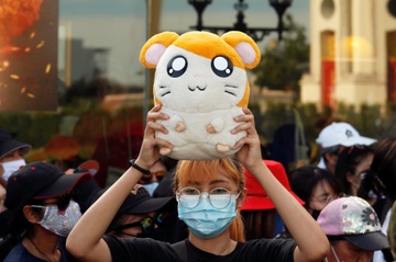 Nguoi bieu tinh Thai Lan dung chuot Hamtaro de mieu ta chinh phu hinh anh
