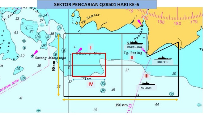 Bản đồ vùng tìm kiếm QZ8501. Ảnh Channel News Asia