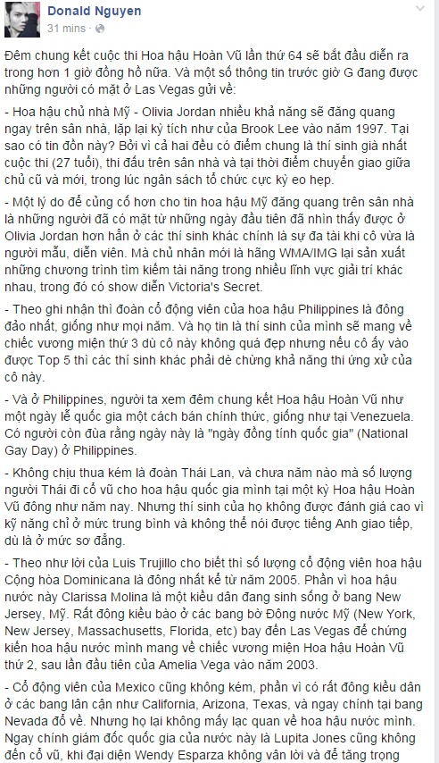 Chuyên gia sắc đẹp Donald Nguyễn đưa ra những dự đoán ngay trước giờ G. Theo anh, Hoa hậu Mỹ nhiều khả năng đăng quang.