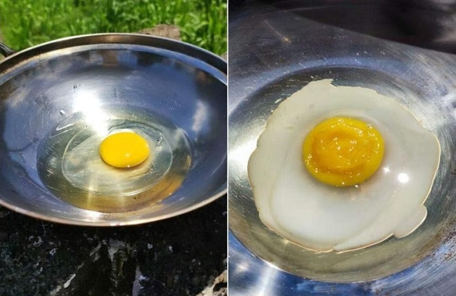 Fatasha Nadia đã chiên chín một quả trứng trên chảo ở ngoài trời giữa nắng nóng