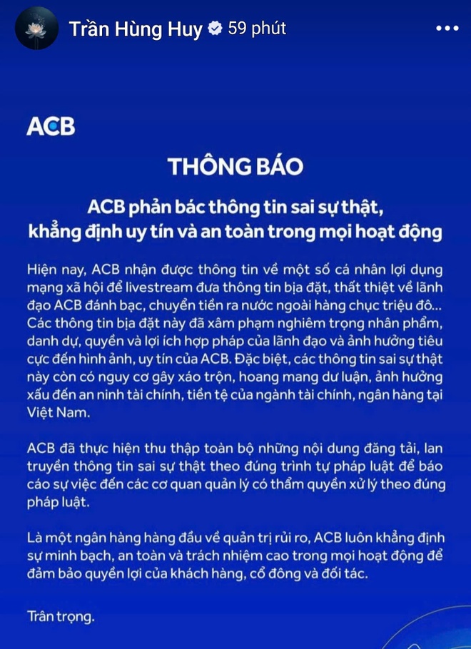 ACB bác tin lãnh đạo ngân hàng đánh bạc, chuyển tiền ra nước ngoài