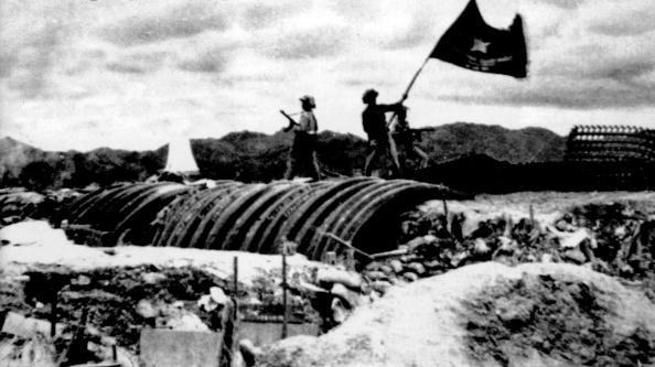 Vietminh flag flying over french position (of General de Castries) may 07, 1954 during final assault of the battle of Dien Bien Phu