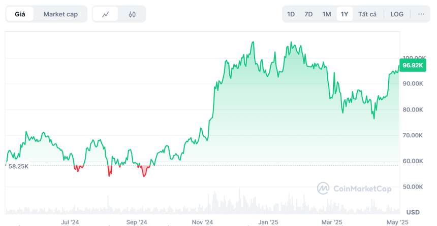Giá Bitcoin nhảy vọt lên 97.000 USD, cao nhất 2 tháng