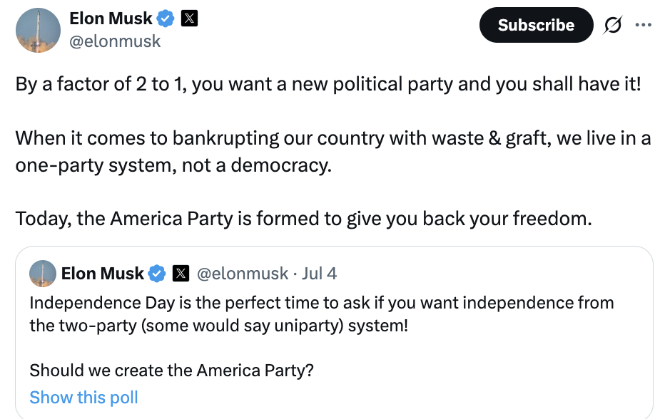Elon Musk muốn gì khi lập đảng mới?